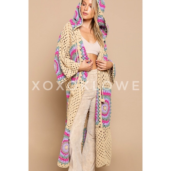 POL Tan & Lavender Crochet Granny Square Chenille Long Cardigan Relaxed Fit - Picture 12 of 13